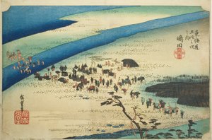 Shimada: De Suruga-oever van de Oi-rivier, uit de serie "Drieënvijftig stations van de Tokaido-weg," ook bekend als de Hoeido Tokaido door Utagawa Hiroshige