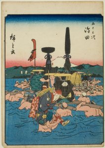 Shimada, uit de serie "Drieënvijftig Stations [van de Tokaido] (Gojusan tsugi)," ook bekend als de Figuren Tokaido (Jinbutsu Tokaido) door Utagawa Hiroshige