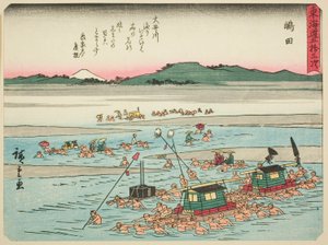 Shimada, uit de serie "Drieënvijftig Stations van de Tokaido (Tokaido gojusan tsugi)," ook bekend als de Tokaido met Gedicht (Kyoka iri Tokaido) door Utagawa Hiroshige