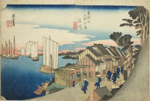 Shinagawa: Zonsopgang, uit de serie "Drieënvijftig stations van de Tokaido-weg," ook bekend als de Hoeido Tokaido door Utagawa Hiroshige