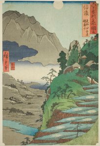 Shinano Provincie: De maan weerspiegeld in de Sarashina rijstvelden nabij de berg Kyodai (Shinano, Sarashina tagoto no tsuki, Kyodaisan), uit de serie "Beroemde plaatsen in de zestig-odd provincies (Rokujuyoshu meisho zue)"