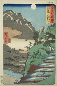 Shinano Provincie: De Maan Weerspiegeld in de Sarashina Rijstvelden bij de Berg Kyodai (Shinano, Sarashina tagoto no tsuki, Kyodaisan), uit de serie "Beroemde Plaatsen in de Zestig-odd Provincies (Rokujuyoshu meisho zue)"