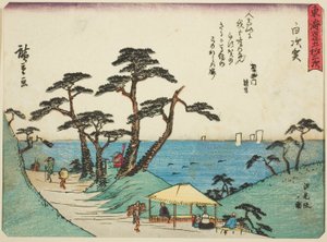Shirasuka: Uitzicht op Shiomi-heuvel, uit de serie "Drieënvijftig Stations van de Tokaido," ook bekend als de Tokaido met Gedicht door Utagawa Hiroshige