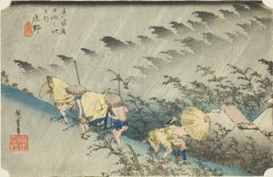 Shono: Stortregen (Shono hakuu), uit de serie "Drieënvijftig stations van de Tokaido (Tokaido gojusan tsugi no uchi)," ook bekend als de Hoeido Tokaido