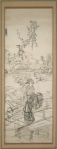 Schets van vrouw die brug oversteekt door Utagawa Hiroshige