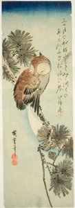 Kleine gehoornde uil, dennenboom en halve maan door Utagawa Hiroshige