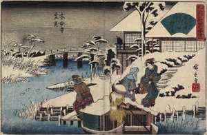 Sneeuwscène bij de Mokubo-ji Tempel en het Restaurant Uekiya, ca. 1835-1842