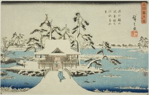 Sneeuw bij het Benzaiten-heiligdom in de Inokashira-vijver (Inokashira no ike Benzaiten no yashiro yuki no kei), uit de serie "Sneeuw, maan en bloemen op beroemde plaatsen (Meisho setsugekka)" door Utagawa Hiroshige