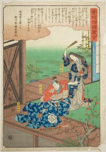 Soga op Goro berispt door zijn moeder, uit de serie "Geïllustreerd verhaal van de Soga-broers (Soga monogatari zue)" door Utagawa Hiroshige