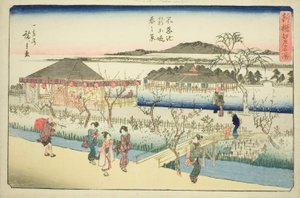 Lentezicht op de nieuwe dijk bij Shinobazu-vijver, uit de serie "Nieuw geselecteerde beroemde plaatsen in Edo" door Utagawa Hiroshige