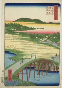 Sugatami-brug, Omokage-brug en de Grindgroeve bij Takata (Takata Sugataminohashi Omokagenohashi jariba), uit de serie "Honderd Beroemde Zichten van Edo (Meisho Edo hyakkei)"