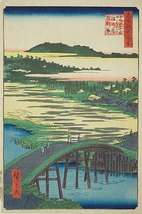 Sugatami Bridge, Omokage Bridge and the Gravel Pit at Takata (Takata Sugataminohashi Omokagenohashi jariba), No.116 uit de serie "Honderd beroemde vergezichten van Edo (Meisho Edo hyakkei)".