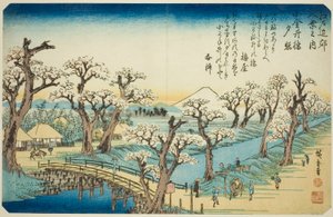 Zonsondergang bij Koganei-brug (Koganei-bashi sekisho), uit de serie "Acht Zichten in de Omgeving van Edo (Edo kinko hakkei no uchi)" door Utagawa Hiroshige