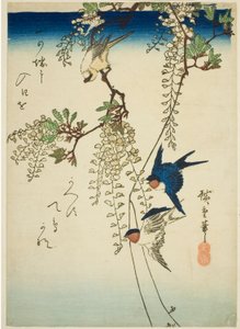 Zwaluw, gele vogel en blauwe regen door Utagawa Hiroshige