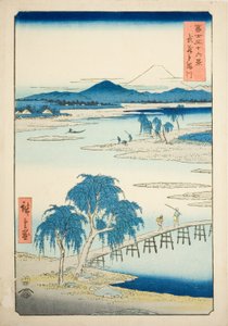 Tama-rivier in de provincie Musashi (Musashi Tamagawa), uit de serie "Zesendertig gezichten op de berg Fuji (Fuji sanjurokkei)" door Utagawa Hiroshige