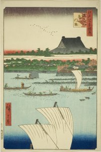 Teppozu en Tsukiji Honganji Tempel (Teppozu Tsukiji Monzeki), uit de serie "Supplement op de Honderd Beroemde Zichten van Edo (Edo hyakkei yokyo)" door Utagawa Hiroshige
