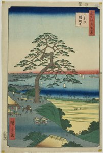 De Pantser-hangende den bij Hakkeizaka (Hakkeizaka Yoroikakematsu), uit de serie "Honderd beroemde vergezichten van Edo (Meisho Edo hyakkei)". door Utagawa Hiroshige