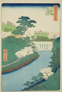 De dam in de Otonashi-rivier bij Oji, gewoonlijk "De grote waterval" genoemd (Oji Otonashigawa entai, sezoku Otaki to tonau), nr.19 uit de serie "Honderd beroemde vergezichten van Edo (Meisho Edo hyakkei)".