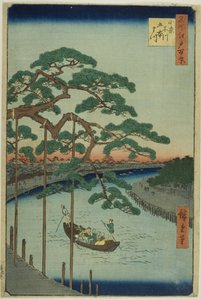 De vijf dennenbomen aan de Onagi-rivier (Onagigawa Gohonmatsu), uit de serie "Honderd beroemde vergezichten van Edo (Meisho Edo hyakkei)". door Utagawa Hiroshige