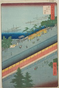 De hal van drieëndertig baaien in Fukagawa (Fukagawa Sanjusangendo), nr. 69 uit de serie "Honderd beroemde vergezichten van Edo (Meisho Edo hyakkei)". door Utagawa Hiroshige
