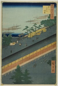 De hal van drieëndertig baaien in Fukagawa (Fukagawa Sanjusangendo), uit de serie "Honderd beroemde vergezichten van Edo (Meisho Edo hyakkei)". door Utagawa Hiroshige