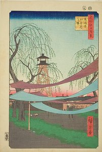 Het Hatsune ruiterterrein in Bakuro-cho (Bakuro-cho Hatsune no Baba), nr.6 uit de serie "Honderd beroemde vergezichten van Edo (Meisho Edo hyakkei)". door Utagawa Hiroshige