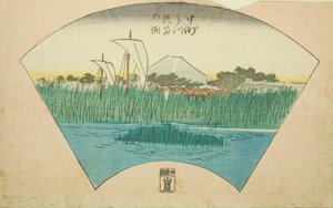 De Scheiding van de Drie-tandige Rivier bij Nakasu (Nakasu Mitsumata Wakarenofuchi), sectie van een blad uit de serie "Uitgeknipte Prenten van Beroemde Plaatsen in Edo (Edo meisho harimaze zue)" door Utagawa Hiroshige