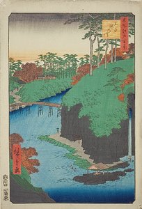 De rivier met watervallen bij Oji (Oji Takinogawa), nr. 88 uit de serie "Honderd beroemde vergezichten van Edo (Meisho Edo hyakkei)". door Utagawa Hiroshige