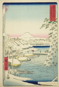 De rivieroever bij Sukiya in de oostelijke hoofdstad (Toto Sukiyagashi), uit de serie "Zesendertig gezichten op de berg Fuji (Fuji sanjurokkei)" door Utagawa Hiroshige