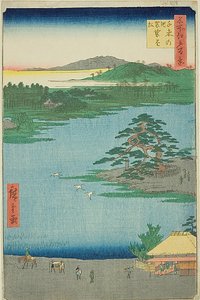 De hangende den bij de Senzoku-vijver (Senzoku no ike Kesakakematsu), nr.110 uit de serie "Honderd beroemde vergezichten van Edo (Meisho Edo hyakkei)". door Utagawa Hiroshige