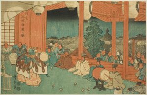 De Heilige Dans bij de Shinmei-schrijn in Shiba bij Dageraad (Shiba Shinmei, Omiya gengyo kagura no zu), uit de serie "Beroemde Plaatsen in de Oostelijke Hoofdstad (Toto meisho)"