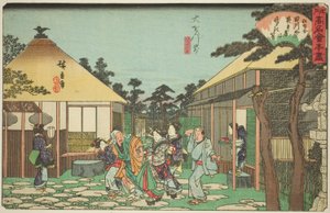 Het Tagawaya Restaurant voor Daionji (Daionji mae, Tagawaya), uit de serie "Beroemde Restaurants van Edo (Edo komei kaitei zukushi)" door Utagawa Hiroshige