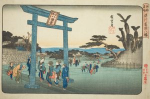 Het Tomigaoka Hachiman-heiligdom in Fukagawa (Fukagawa Tomigaoka Hachiman), uit de serie "Beroemde plaatsen in Edo (Koto meisho)" door Utagawa Hiroshige