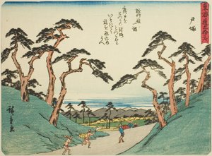 Totsuka, uit de serie "Drieënvijftig stations van de Tokaido (Tokaido gojusan tsugi)," ook bekend als de Tokaido met gedicht (Kyoka iri Tokaido) door Utagawa Hiroshige