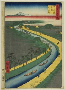 Sleepboten langs het Yotsugidori kanaal (Yotsugidori yosui hikifune), uit de serie "Honderd beroemde gezichten van Edo (Meisho Edo hyakkei)". door Utagawa Hiroshige