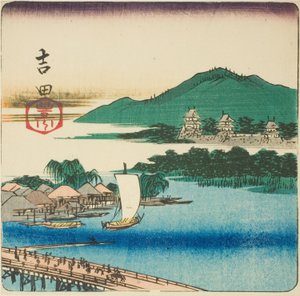 Toyo-rivier bij Yoshida (Yoshida, Toyokawa), deel van een blad uit de serie "Uitgeknipte afbeeldingen van de drieënvijftig stations (Gojusan tsugi harimaze)" door Utagawa Hiroshige