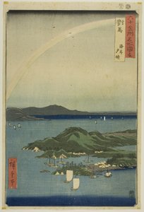 Provincie Tsushima: heldere avond aan de kust (Tsushima, kaigan yubare), uit de serie "Beroemde plaatsen in de zestig provincies (Rokujuyoshu meisho zue)". door Utagawa Hiroshige