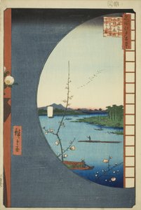 Uitzicht vanaf Massaki op Suijin Heiligdom, Uchigawa Inham, en Sekiya (Massaki hen yori Suijin no mori Uchigawa Sekiya no sato o miru zu), uit de serie "Honderd Beroemde Uitzichten van Edo (Meisho Edo hyakkei)" door Utagawa Hiroshige
