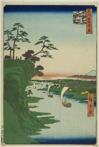 Gezicht op Konodai en de rivier de Toon (Konodai Tonegawa fukei), uit de serie "Honderd beroemde gezichten op Edo (Meisho Edo hyakkei)". door Utagawa Hiroshige