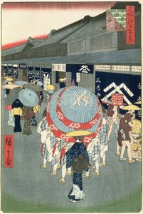Uitzicht op Nihonbashi Tori-itchome, plaat 44 uit Honderd Zichten van Edo door Utagawa Hiroshige