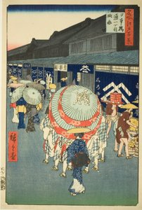 Uitzicht op Nihonbashi Tori-itchome (Nihonbashi Tori-itchome ryakuzu), uit de serie "Honderd beroemde uitzichten van Edo (Meisho Edo hyakkei)" door Utagawa Hiroshige