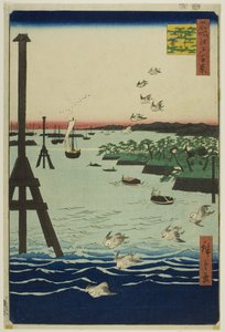 Gezicht op de baai van Shiba (Shibaura no fukei), uit de serie "Honderd beroemde gezichten op Edo (Meisho Edo hyakkei)". door Utagawa Hiroshige