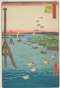 Gezicht op de kust van Shiba (Shibaura no kei), met lichtblauwe watertinten, nr. 108 uit de serie Honderd beroemde gezichten op Edo (Meisho Edo hyakkei) door Utagawa Hiroshige