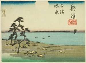 Uitzicht op Shiohama en Kiyomigaseki in Okitsu, sectie van blad nr. 4 uit de serie "Uitgeknipte afbeeldingen van de Tokaido-weg" door Utagawa Hiroshige