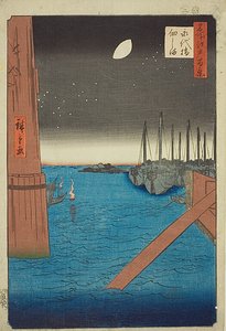 Gezicht op het eiland Tsukuda vanaf de Eitaibrug (Eitaibashi Tsukudajima), nr.4 uit de serie "Honderd beroemde gezichten op Edo (Meisho Edo hyakkei)". door Utagawa Hiroshige