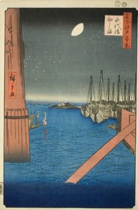Uitzicht op Tsukuda-eiland vanaf de Eitai-brug (Eitaibashi Tsukudajima), uit de serie "Honderd beroemde uitzichten van Edo (Meisho Edo hyakkei)" door Utagawa Hiroshige