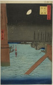 Gezicht op het eiland Tsukuda vanaf de Eitai brug (Eitaibashi Tsukudajima), uit de serie "Honderd beroemde gezichten op Edo (Meisho Edo hyakkei)". door Utagawa Hiroshige