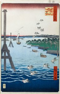Uitzicht op de Shiba Kust Een Honderd Beroemde Uitzichten van Edo, 1856-1858 door Utagawa Hiroshige