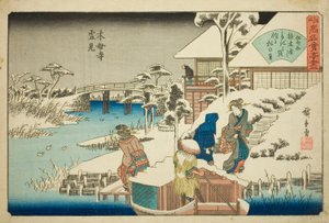 Sneeuw bekijken bij het Uekiya Restaurant bij de Mokubo Tempel (Mokuboji yukimi, Uekiya) uit de serie "Beroemde restaurants van Edo (Edo komei kaitei zukushi)"