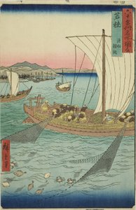 Wakasa provincie: vissersboot net platvis (Wakasa, gyosen karei ami), uit de serie "Beroemde plaatsen in de zestig-odd provincies (Rokujuyoshu meisho zue)" door Utagawa Hiroshige